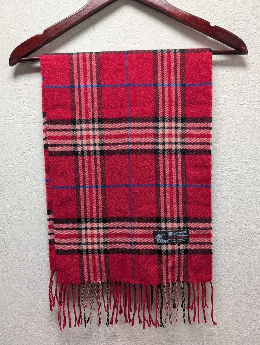 Women’s Woven Plaid Rectangle Scarf Fringe 20% Cashmere 80% Viscose